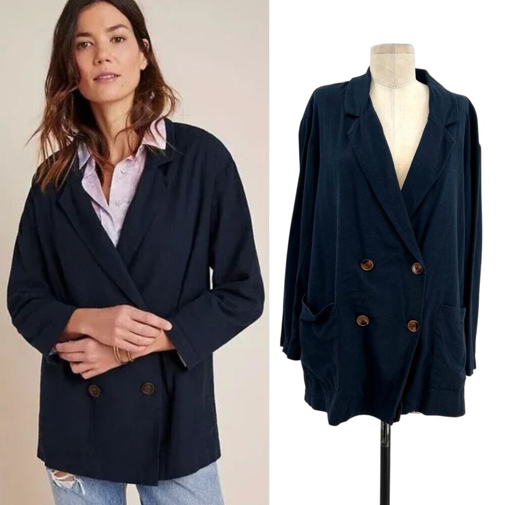 Anthropologie Amadi Kaye Linen Blazer Double Breasted‎ Navy Blue Size Small